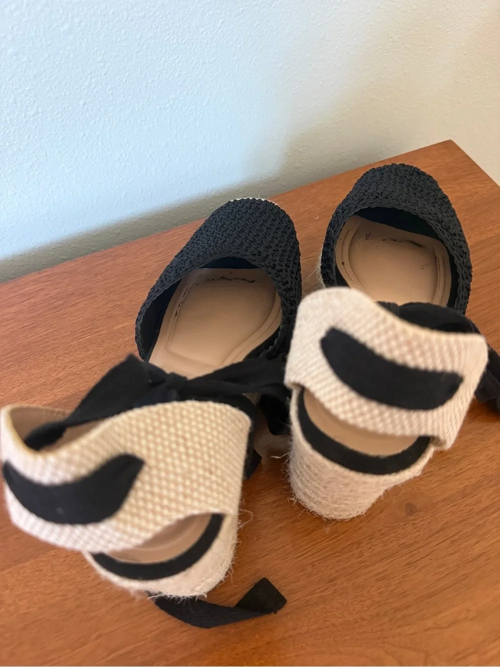 Primark Black Knit Espadrille Wedge Tie-Up Sandals